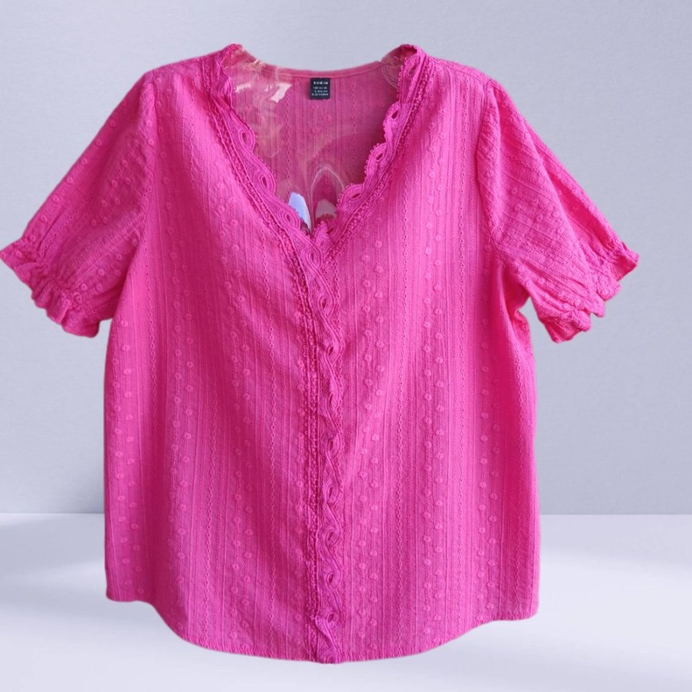 SHEIN Womens Size L Bright Pink Top Blouse Short Sleeves Eyelet Lace Trim